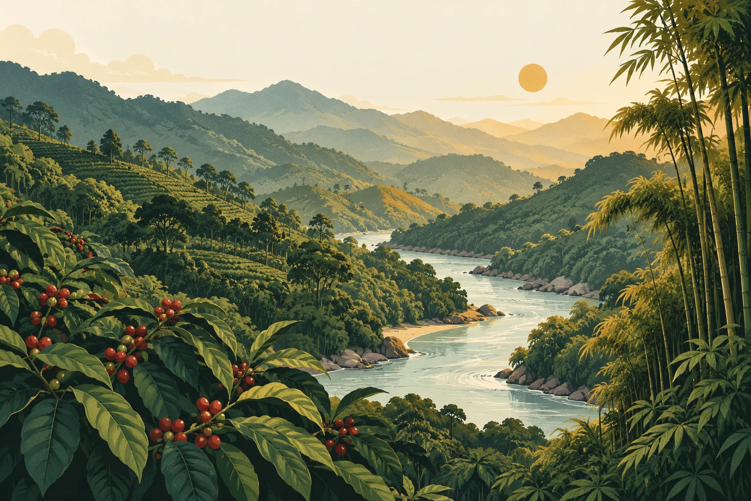 An illustrated river flowing through bamboo and green hills.